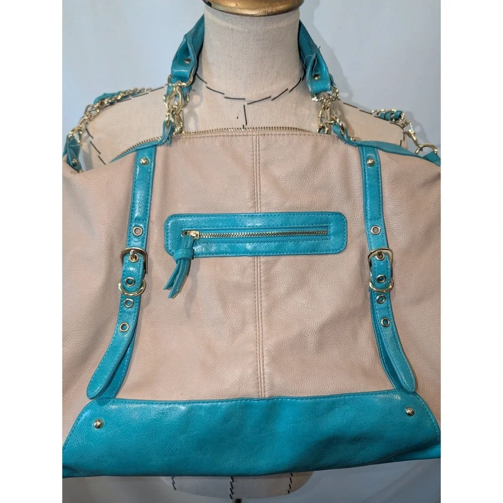 Steve Madden Two Tone Beige Teal Pebbled Faux Leather Hobo Bag Gold Hardware